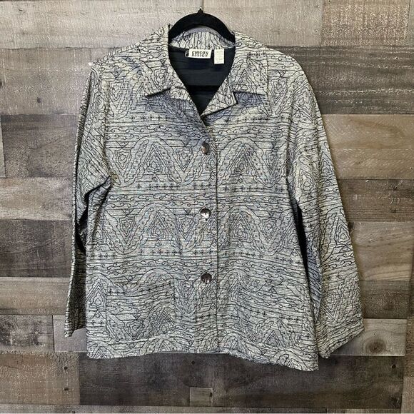 CHICOS DESIGN Silk Black/Grey Patterned Jacket Size 2 Large - Picture 1 of 9